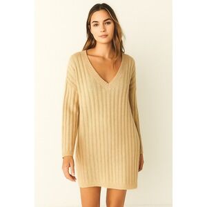 BB Dakota by Steve Madden V-Neck Rib Sweater Tunic Beige M NWOT Neutral